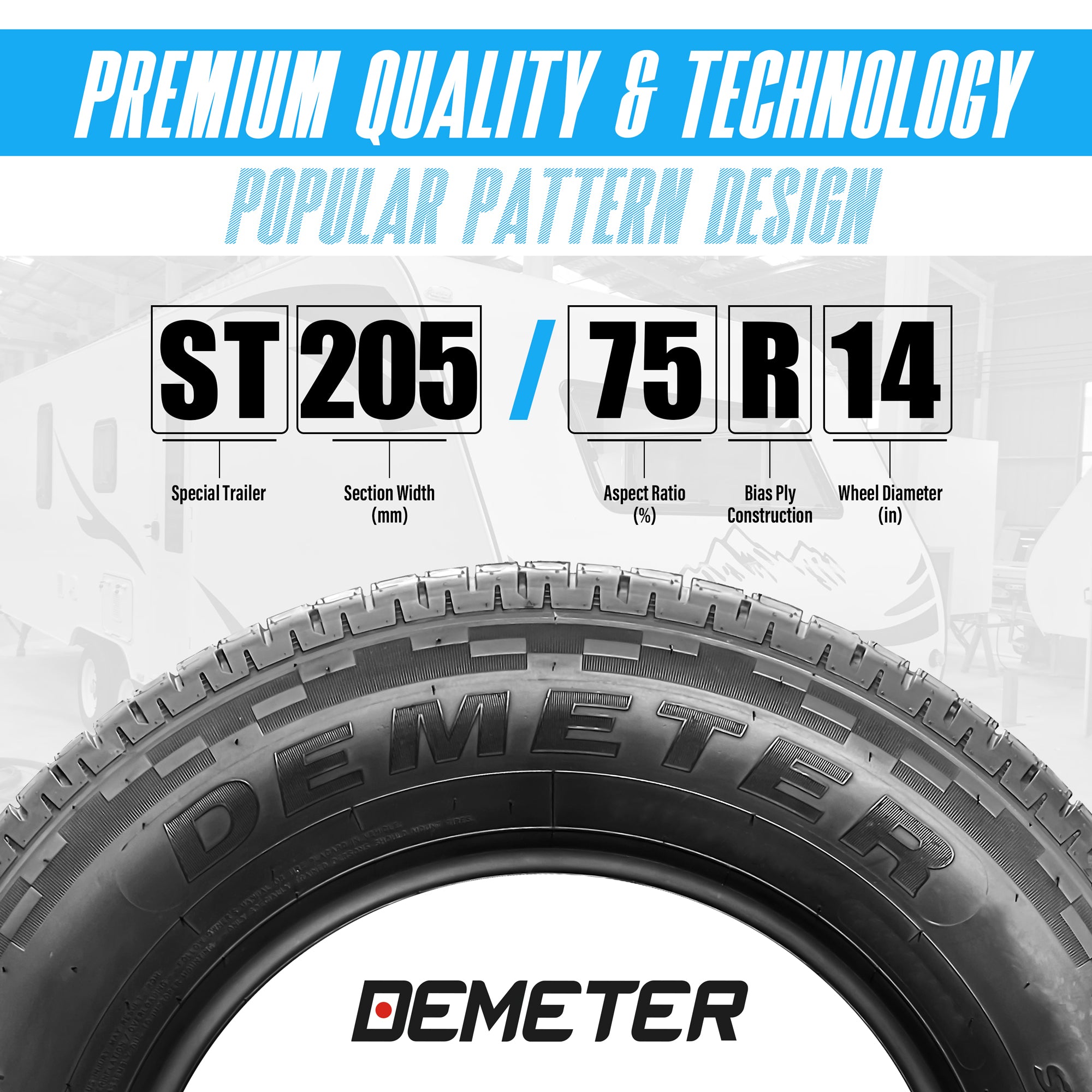 DEMETER Set 4 Radial Trailer Tires 205/75R14,ST 205/75R14, 8 Ply Load Range D 105/101M All Season Traction
